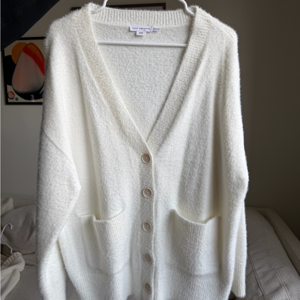 Good American Ivory Fluffy Button-Down Cardigan